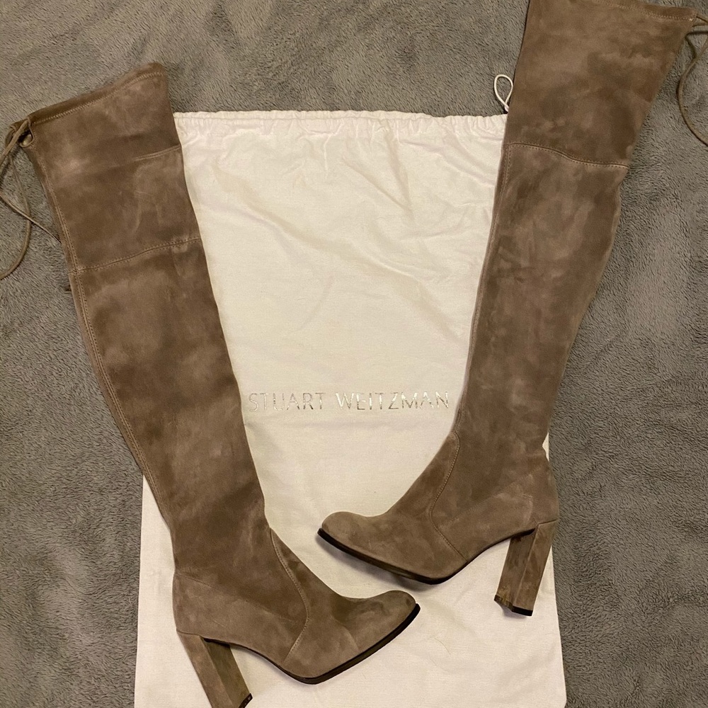 Stuart Weitzman Taupe Suede Over-the-Knee Heeled Boots